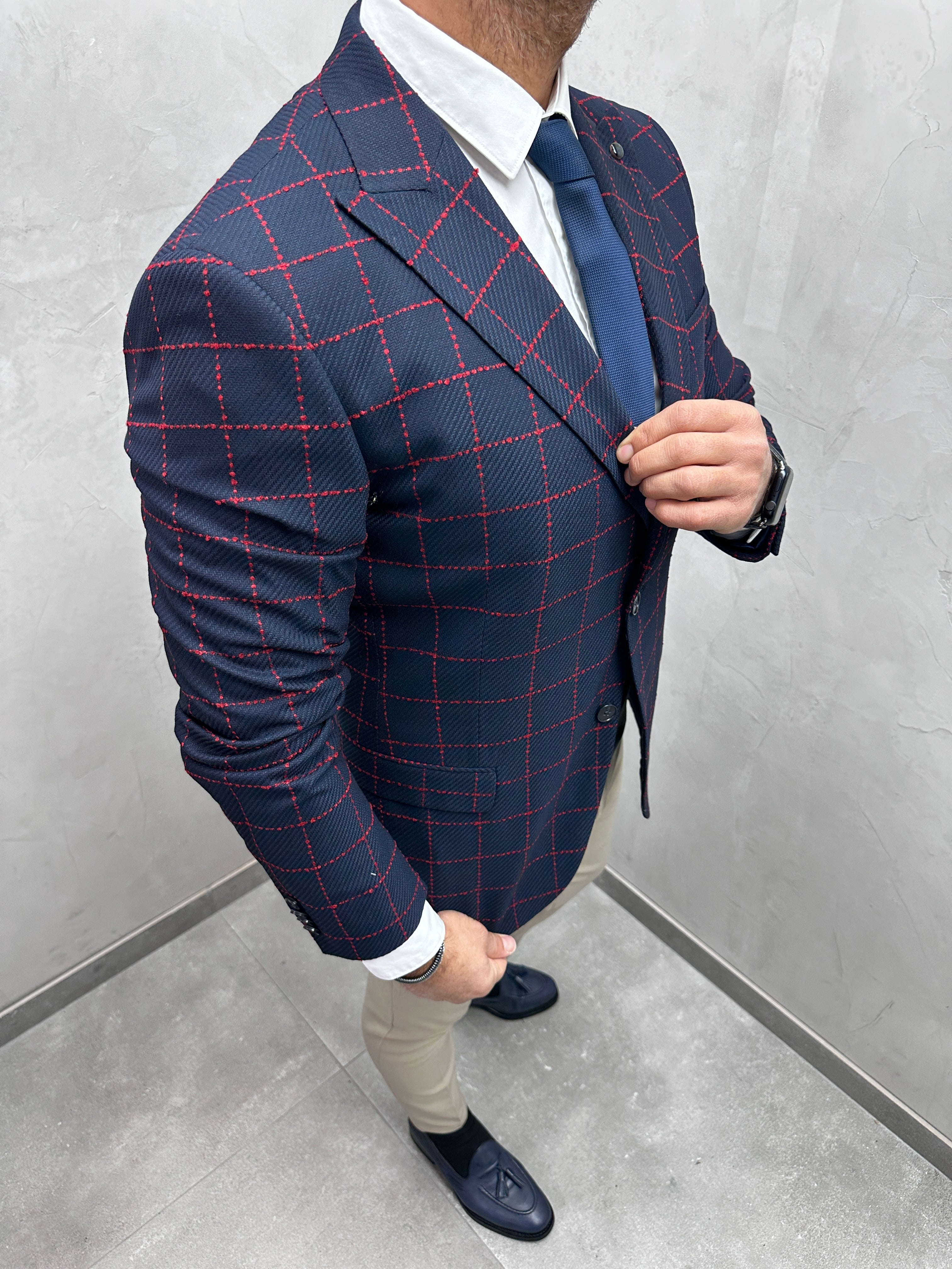 UG HERREN SAKKO Slim fit-Bordeaux blau kariert