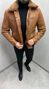 UG HERREN KUNST LEDERJACKE MIT ABNEHMBAREN FELL KRAGEN