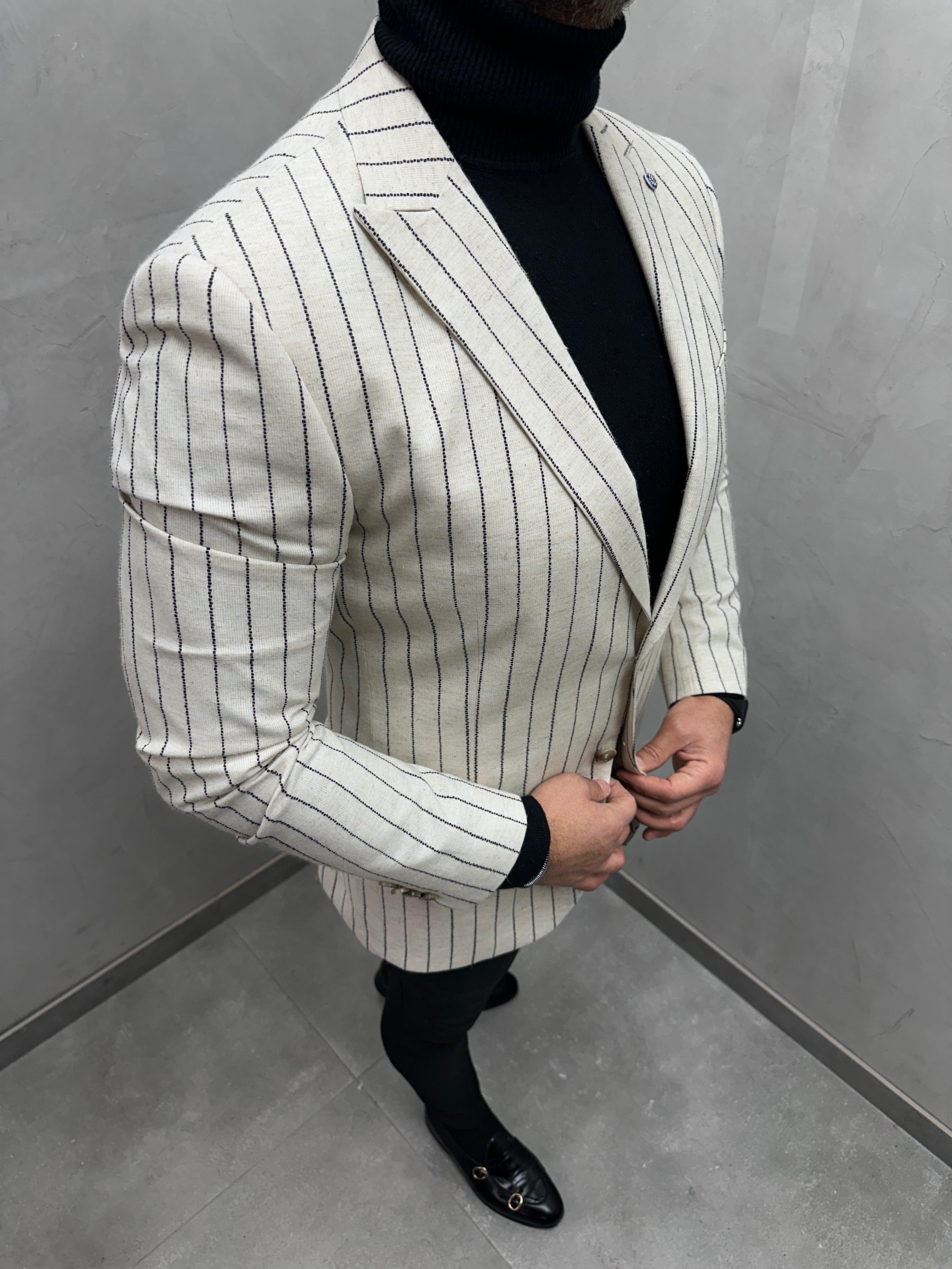 UG HERREN SAKKO beige schwarz liniert