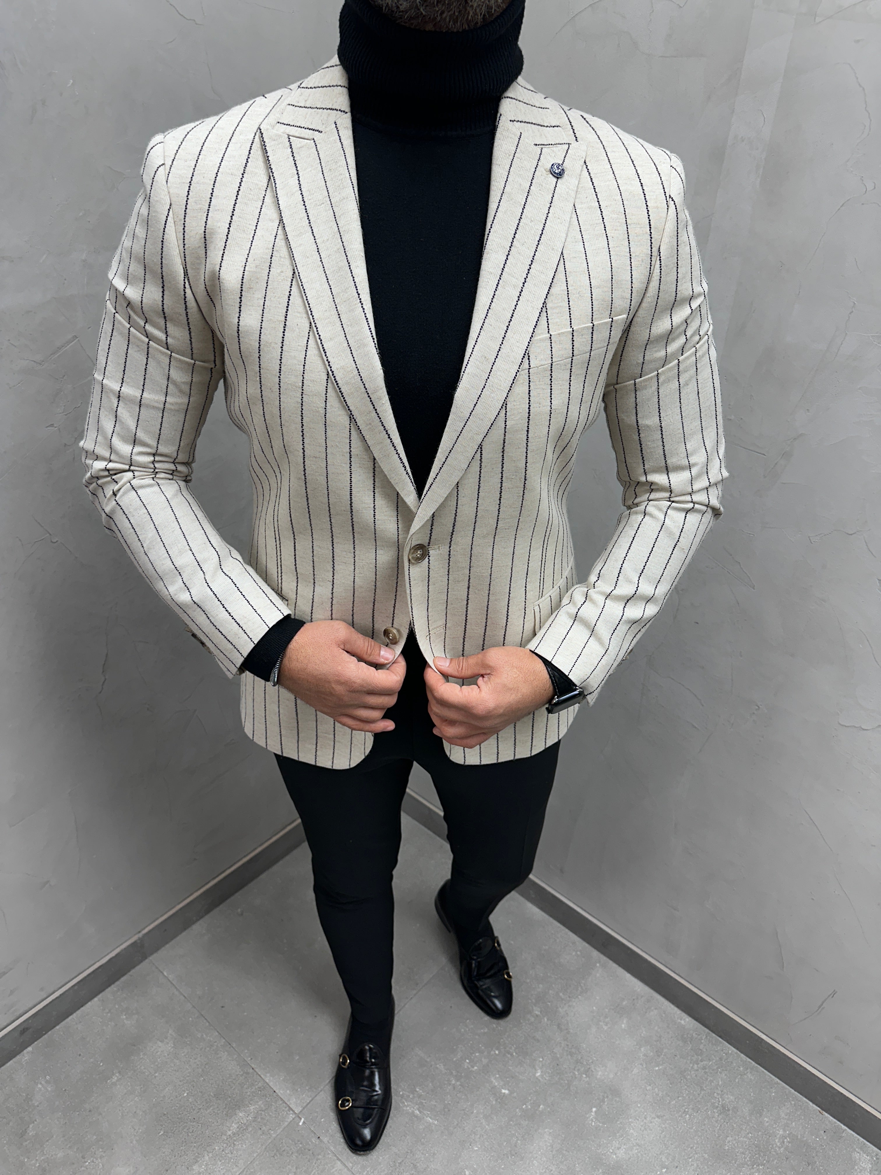 UG HERREN SAKKO beige schwarz liniert