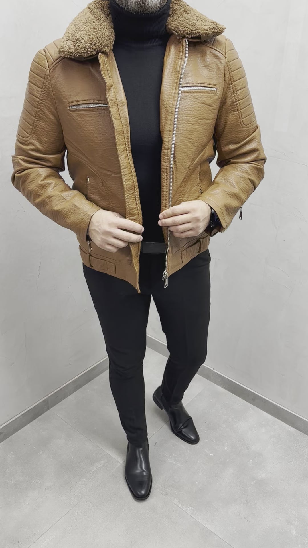 UG HERREN KUNST LEDERJACKE MIT ABNEHMBAREN FELL KRAGEN